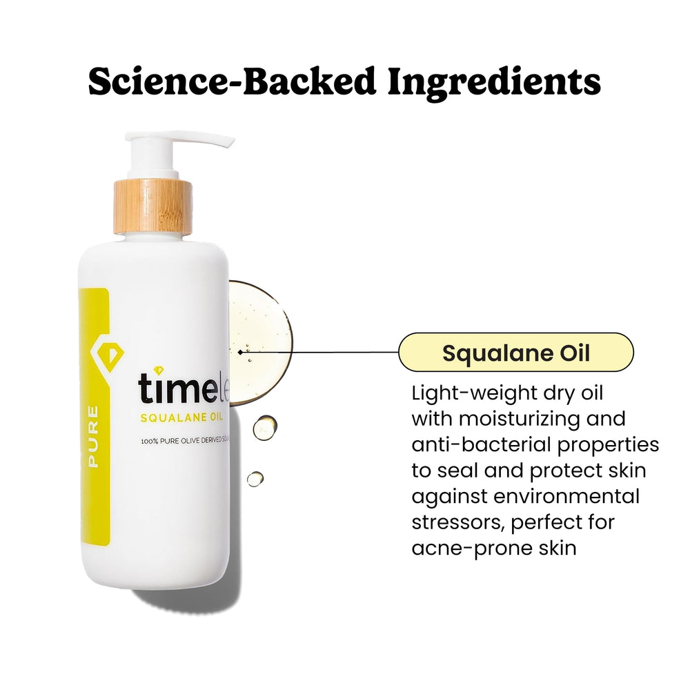 Timeless Skin Care huile squalane pure avec pipette pour une application précise.