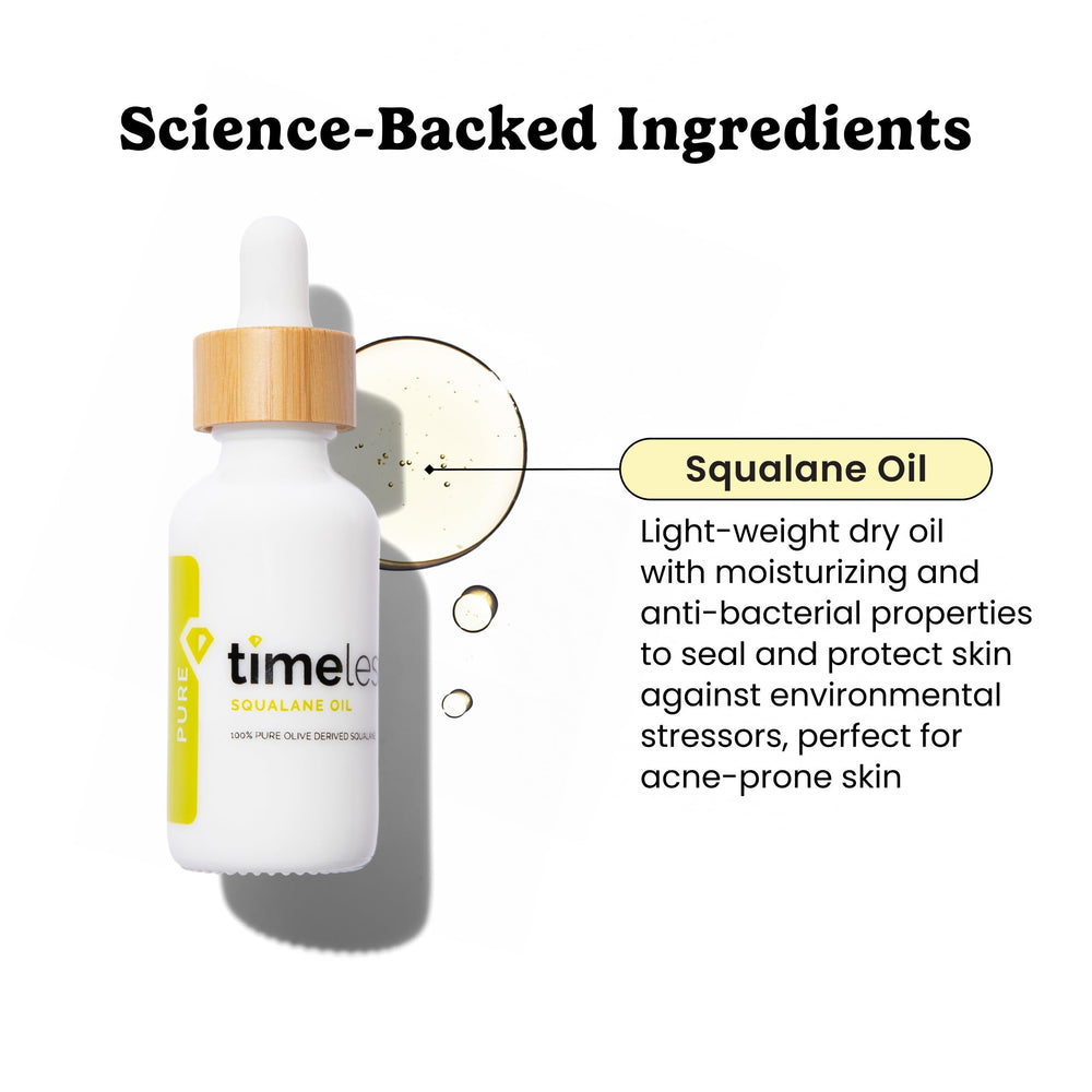 Timeless Skin Care Squalane Oil, gouttes appliquées sur le visage, hydratation rapide et légère.