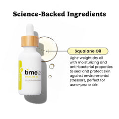 Timeless Skin Care Squalane Oil, gouttes appliquées sur le visage, hydratation rapide et légère.
