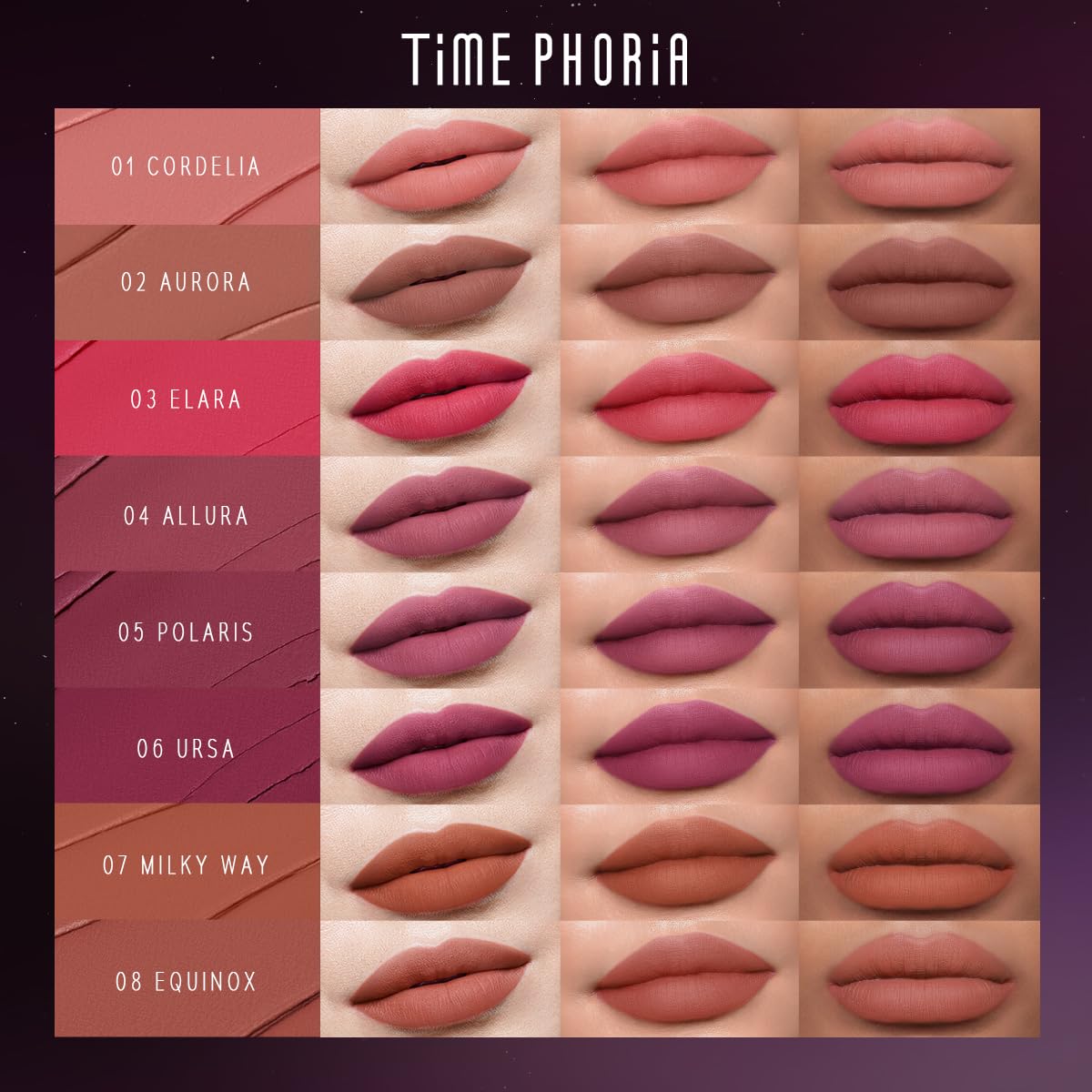 Application facile et fluide Timephoria Nebula Velvet Lip Cream.