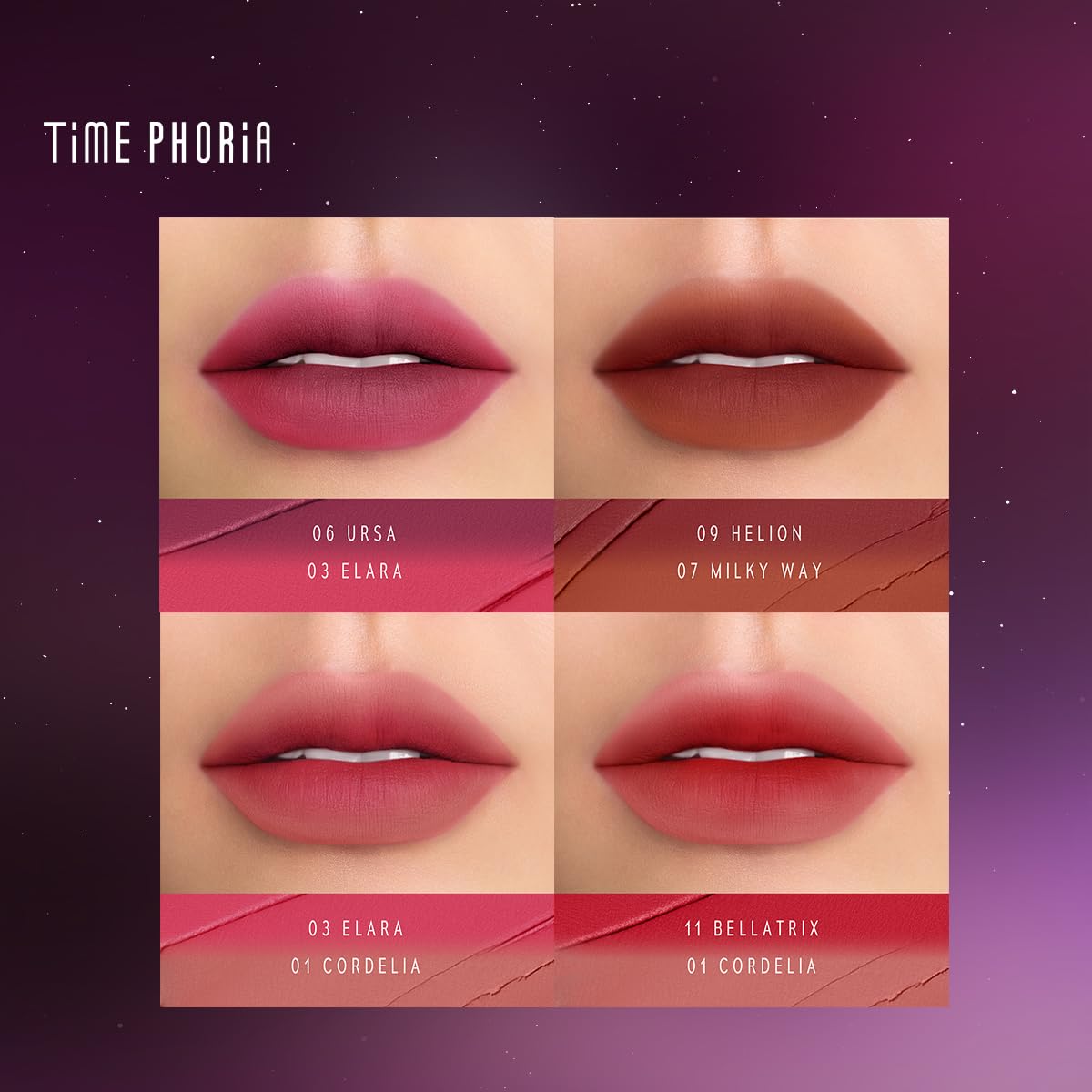 Packaging élégant et pratique Timephoria Nebula Velvet Lip Cream.
