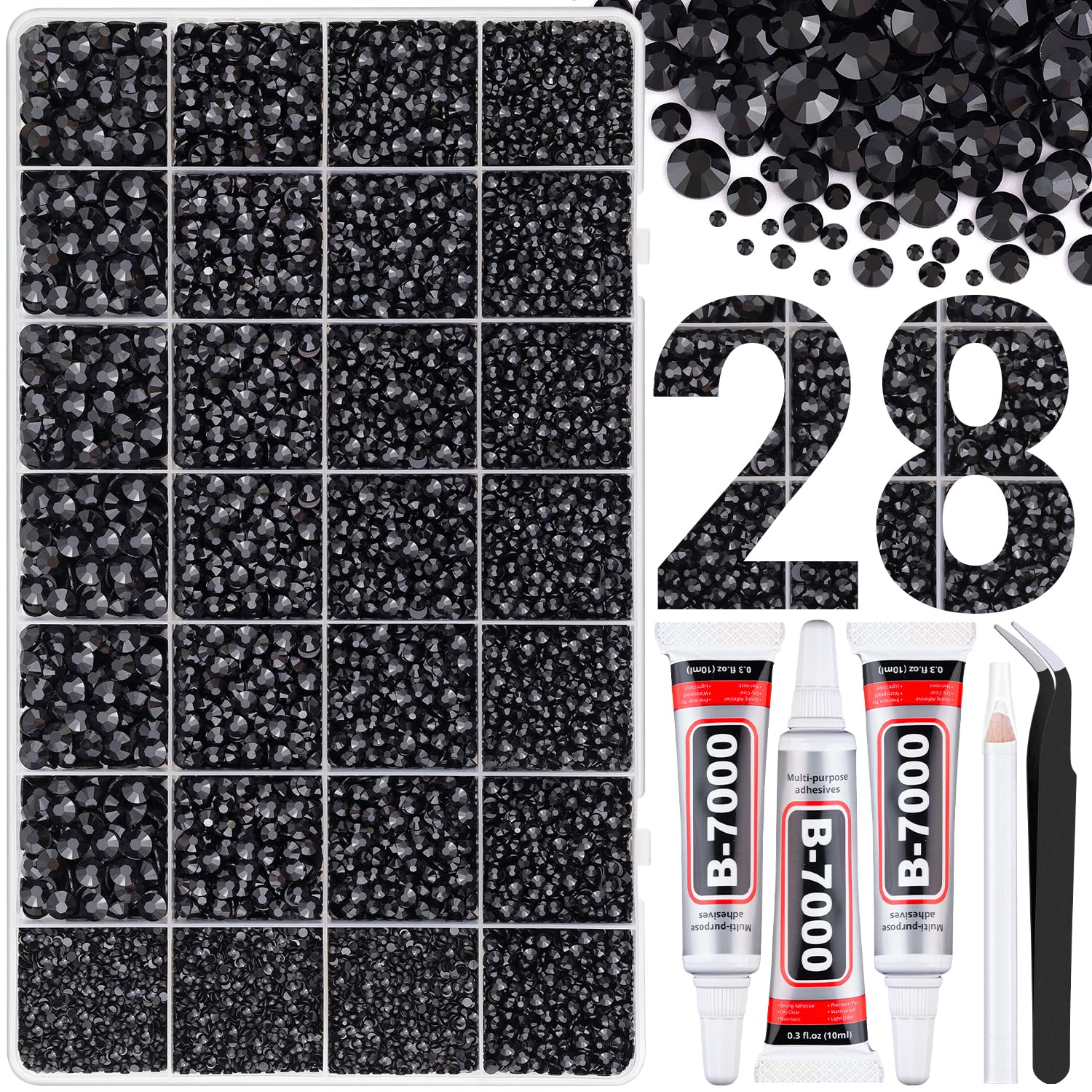 Boîte TINKRSTUFF avec 28 grilles et strass résine noirs prête à commencer votre projet créatif.