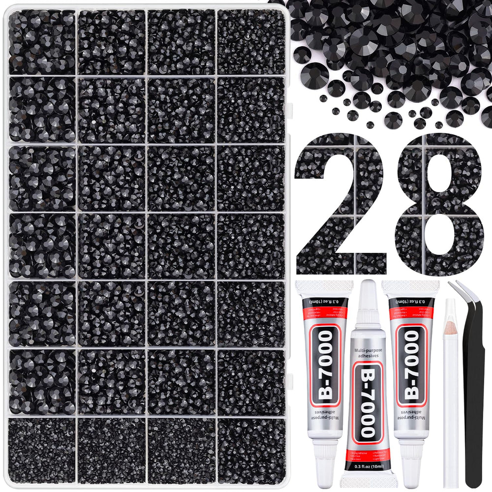 Boîte TINKRSTUFF avec 28 grilles et strass résine noirs prête à commencer votre projet créatif.