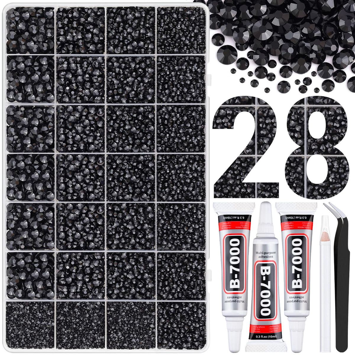 Boîte TINKRSTUFF avec 28 grilles et strass résine noirs prête à commencer votre projet créatif.