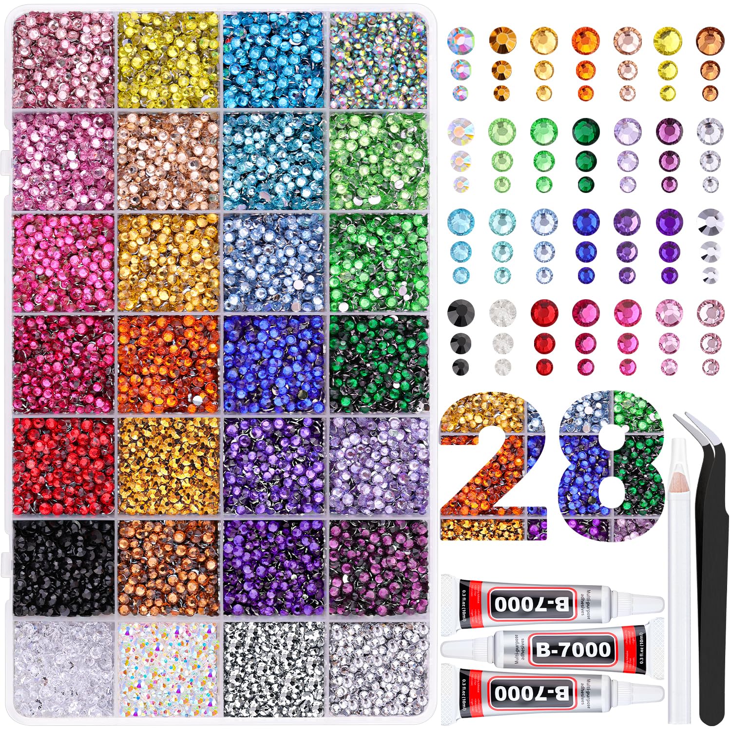 Boîte TINKRSTUFF avec 28 tiroirs pour ranger les strass résine multicolores, pratique et rapide.