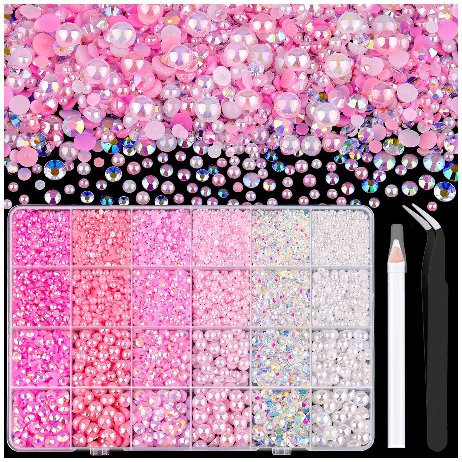 TINKRSTUFF ensemble perles dos plat et strass rose, idéal pour décoration des ongles et créations.