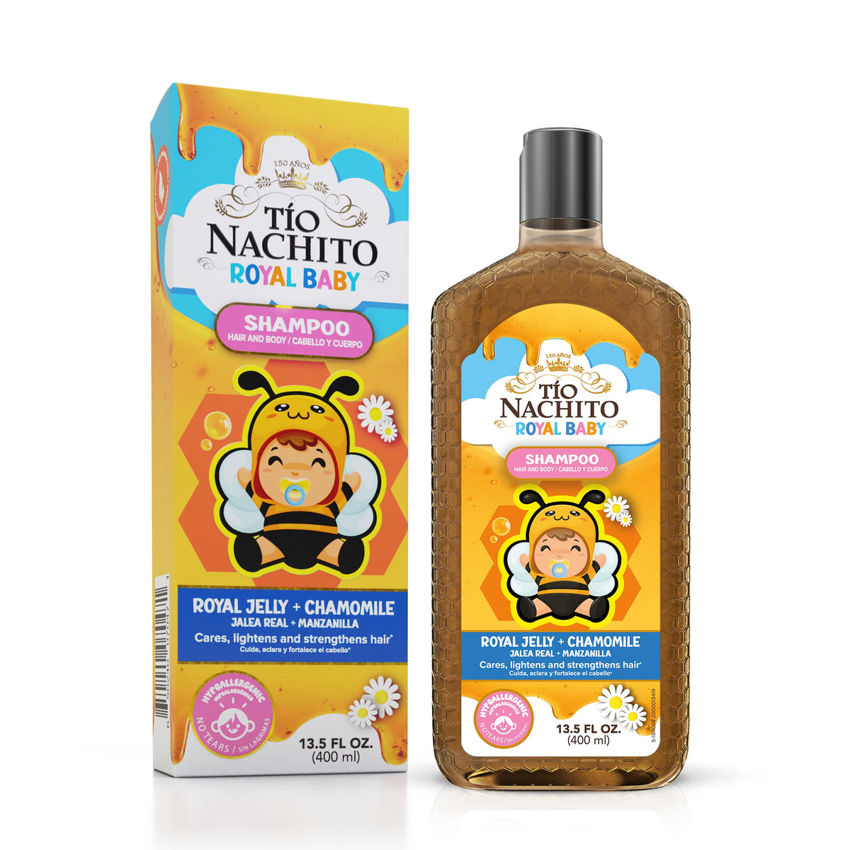 Shampoing bébé Tio Nacho Royal dans sa bouteille, lavage doux pour cheveux délicats.