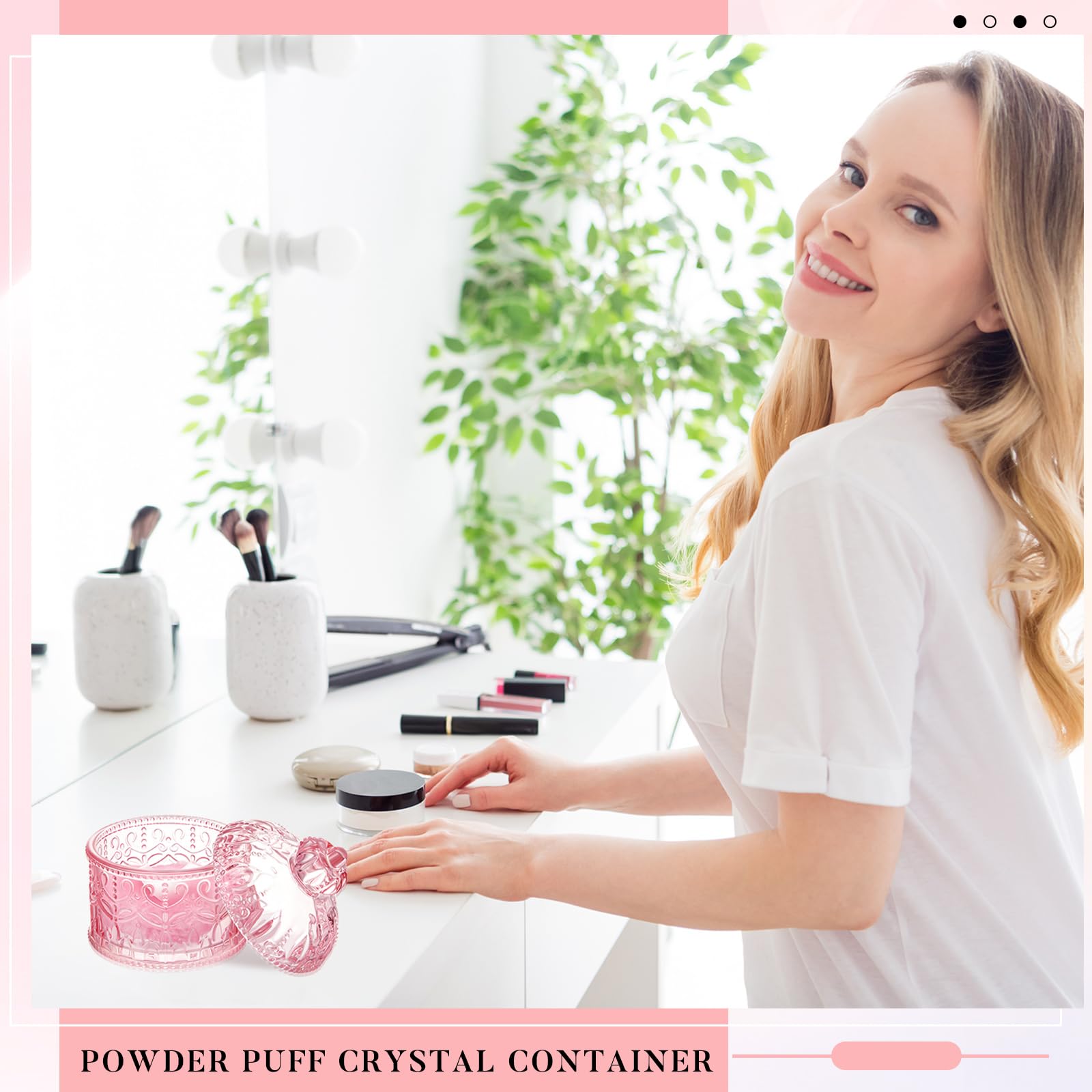 Utilisation quotidienne avec pouf velours et poudrier rose Tioncy.