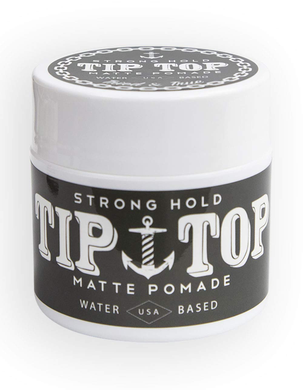 Tip Top Pommade Matte à base d’eau, bouteille, tenue forte et lavage facile.