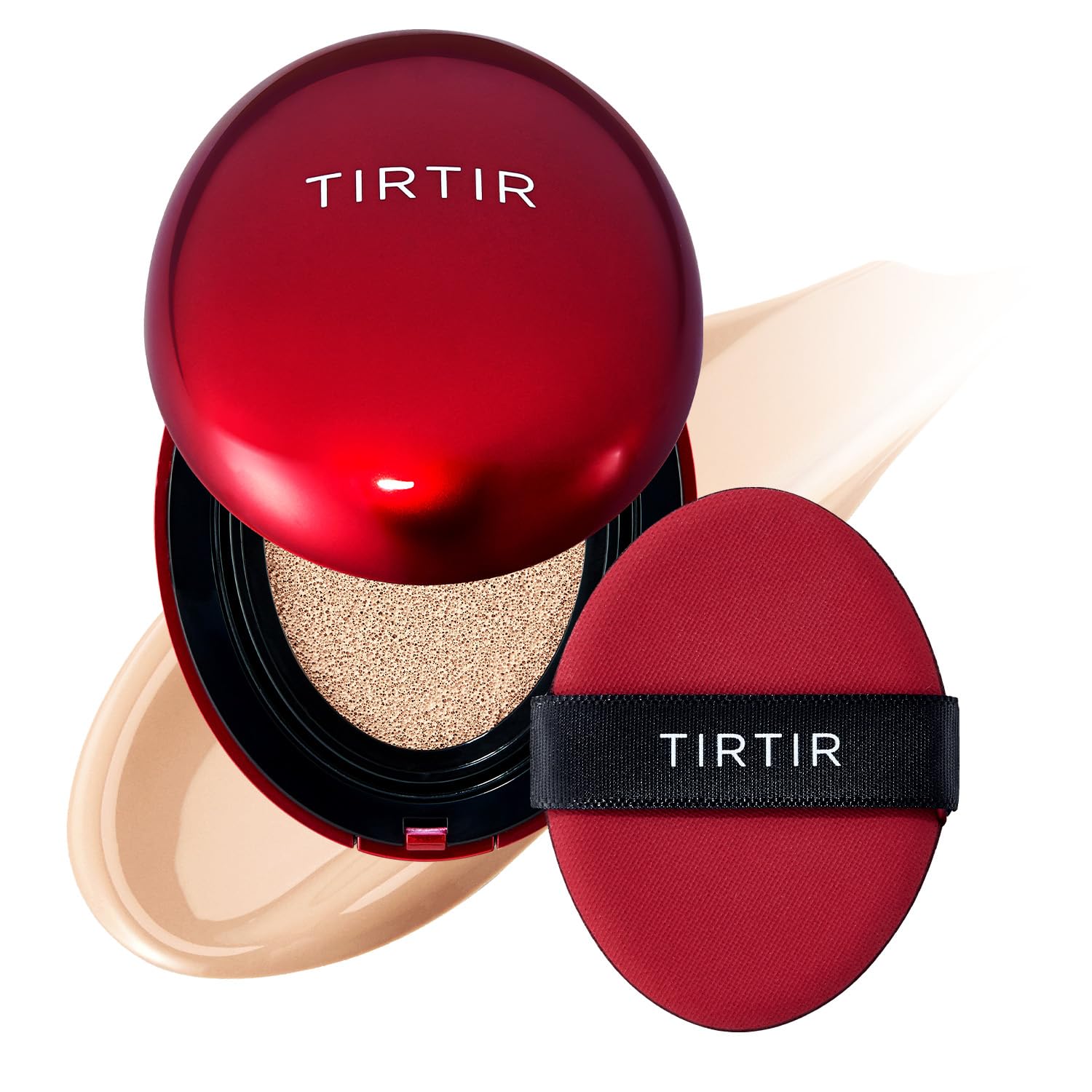TIRTIR Masque Fit Red Cushion sur bouteille; application fluide et couvrance modulable.