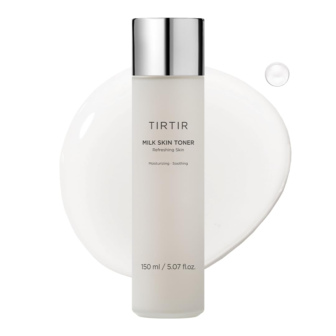 TIRTIR tonique laitier pour la peau, bouteille visible et hydratation douce.