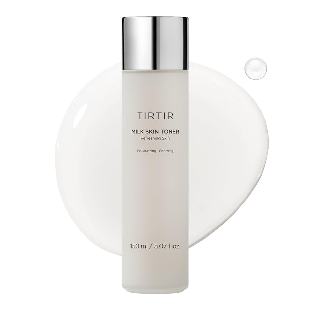 TIRTIR tonique laitier pour la peau, bouteille visible et hydratation douce.