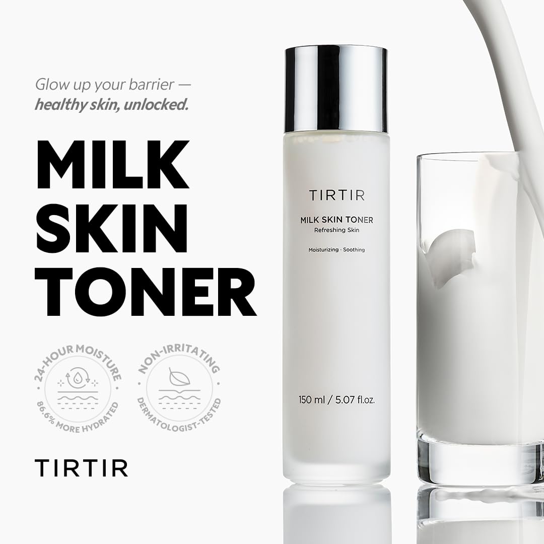TIRTIR Tonique laitier met en avant panthénol et céramide pour la barrière cutanée.
