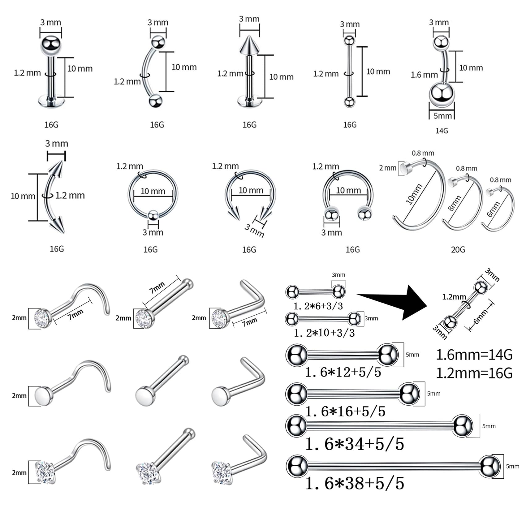 Aiguilles TKKUY pour perçage en 12G à 20G pour divers gestes.