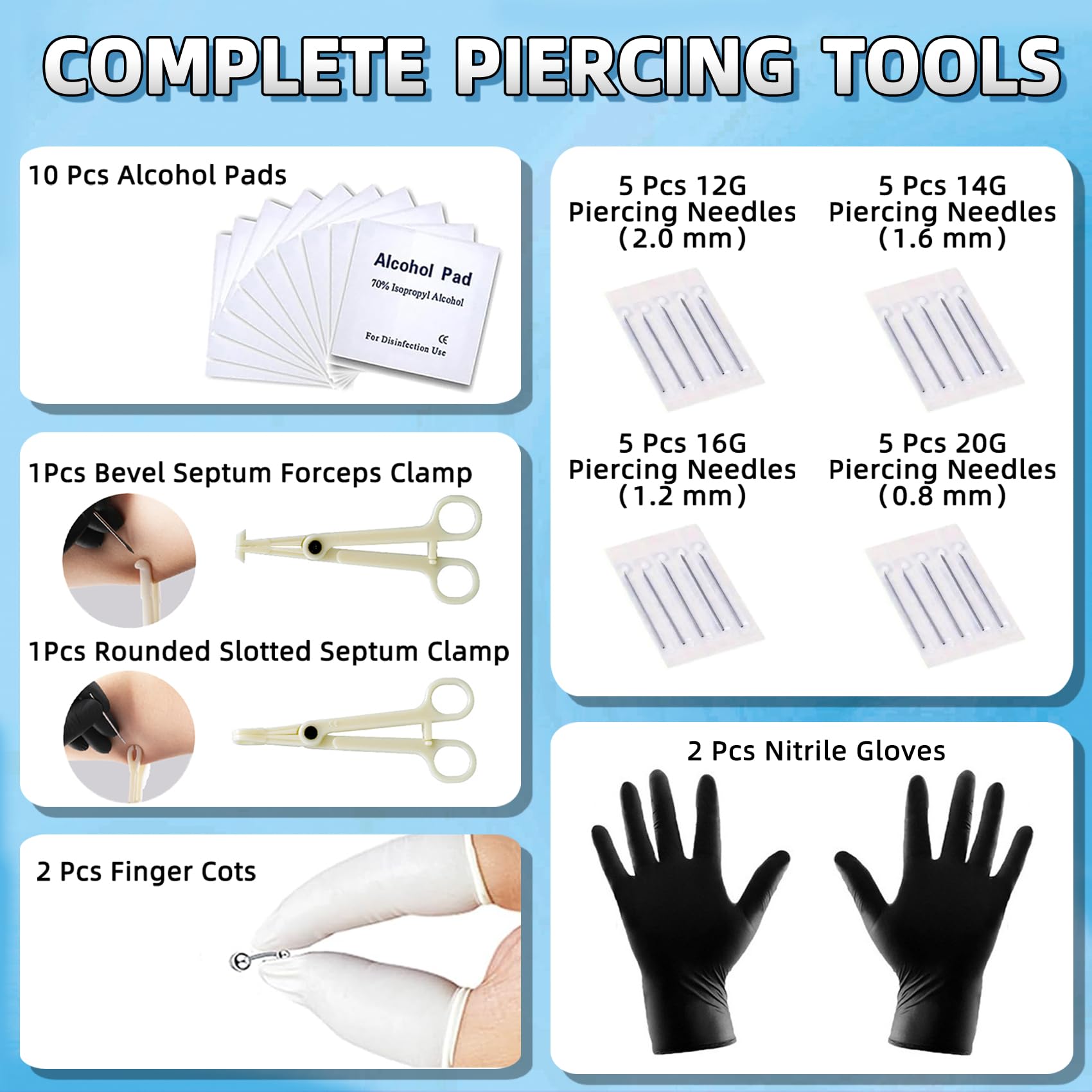 Aiguilles piercing steriles TKKUY, 20 aiguilles EO gas pour hygiène