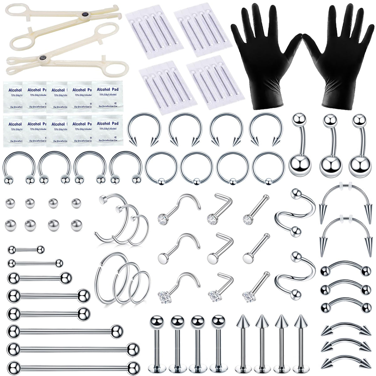Kit TKKUY ensemble piercing 94 pièces en acier inox pour piercings variés.
