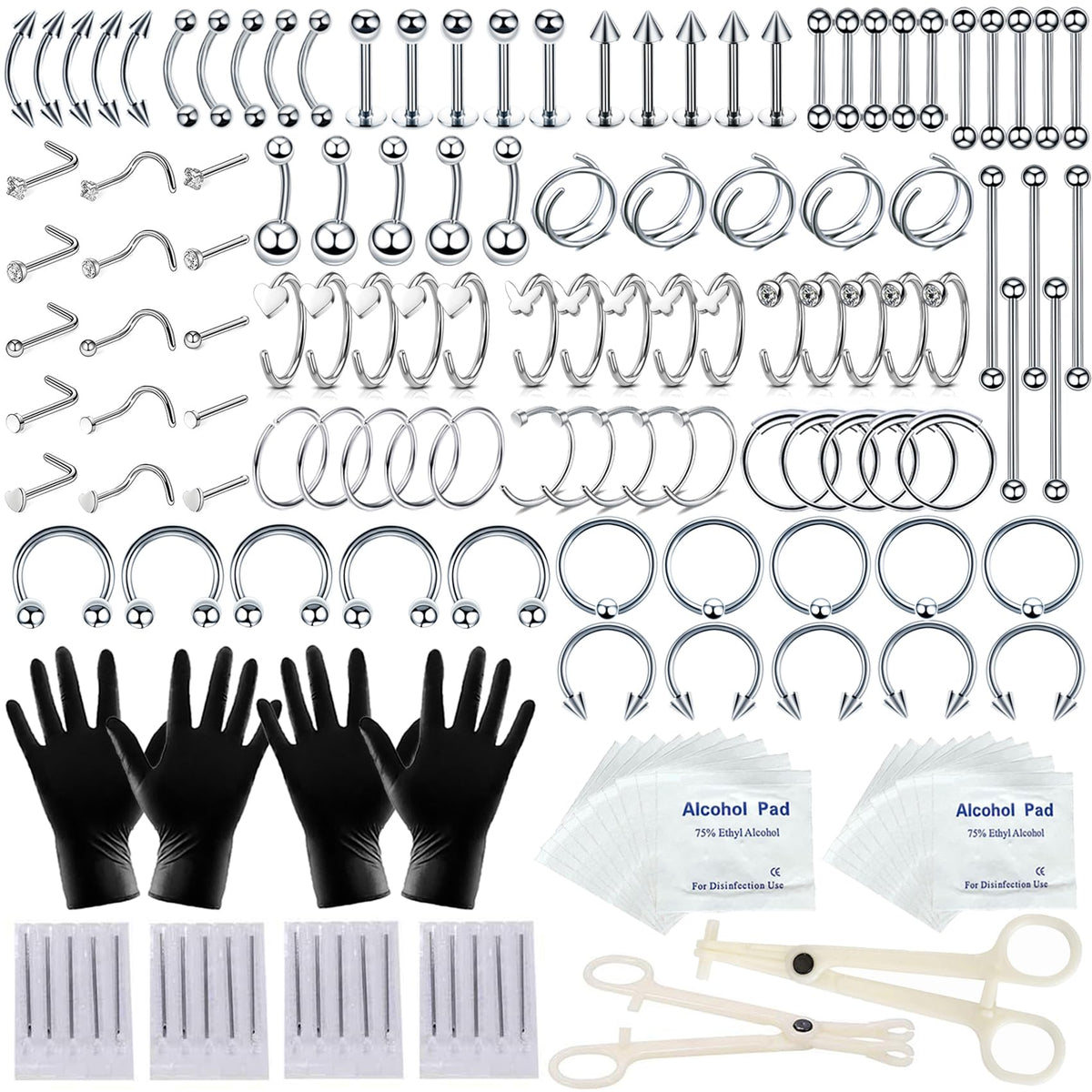 TKKUY kit piercing 154 pièces, ensemble complet pour tous les piercings et outils propres.