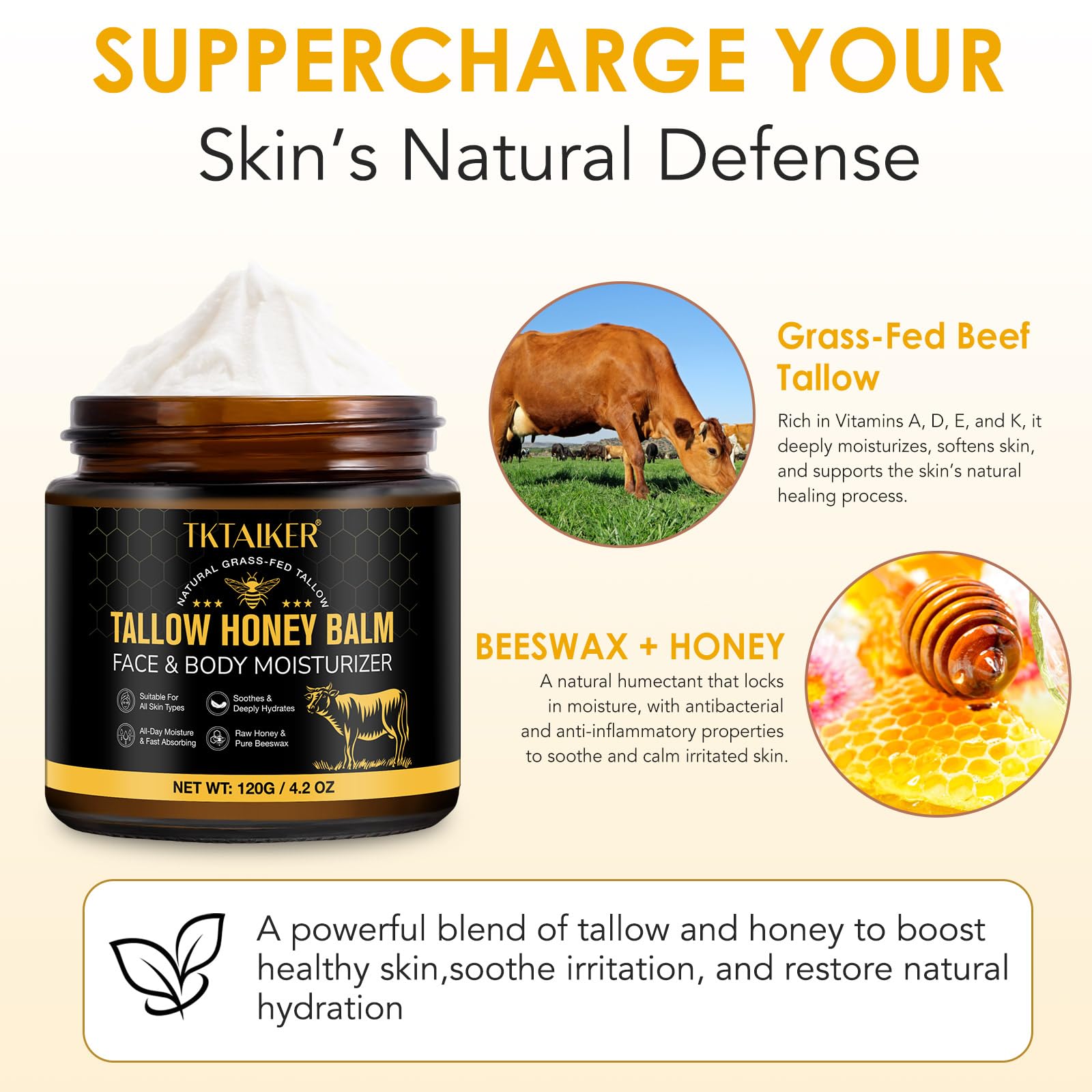 TKTALKER Grass-fed tallow ingredients highlight natural nourishment for skin.