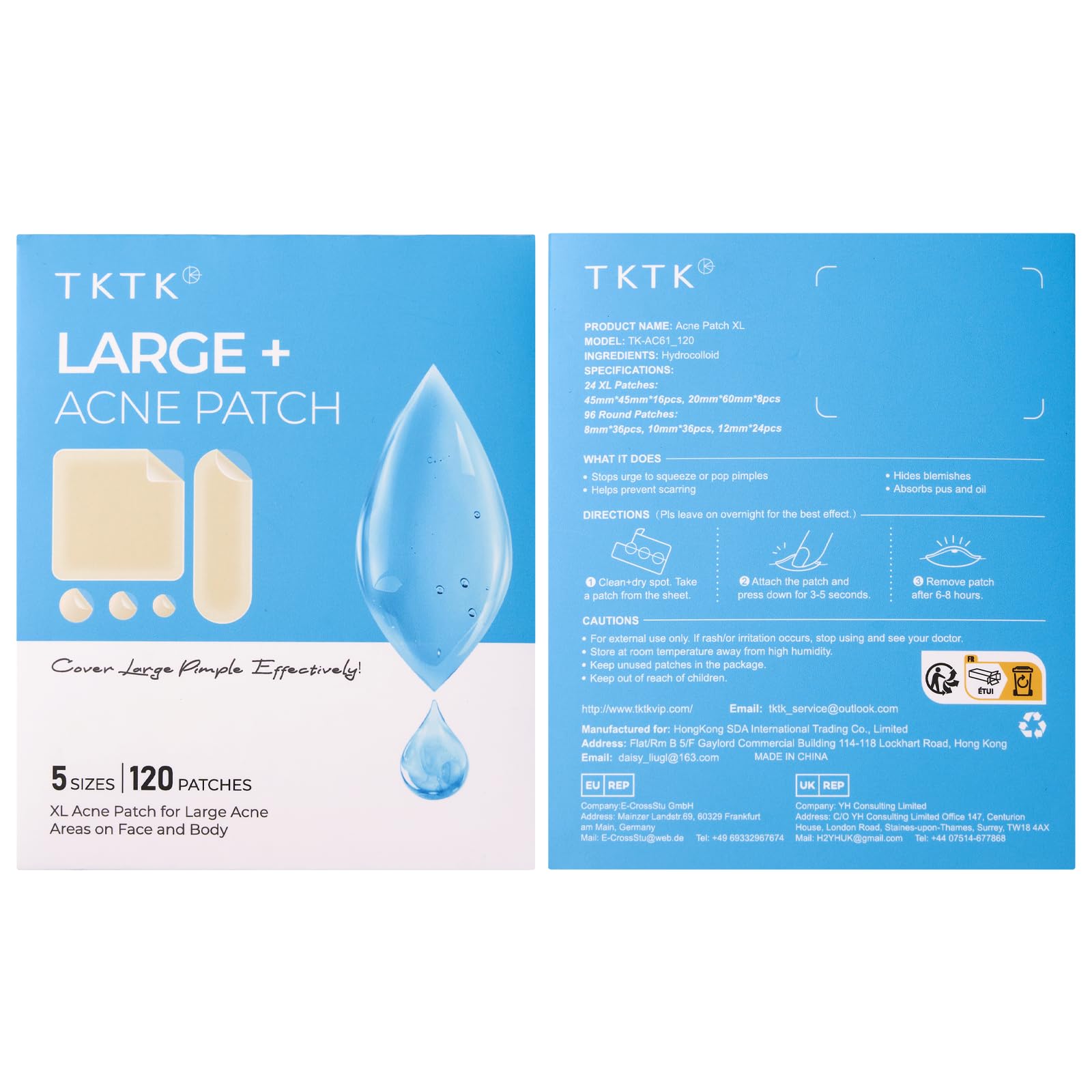 Lot de 120 patches hydrocolloïdes TKTK, couverture complète