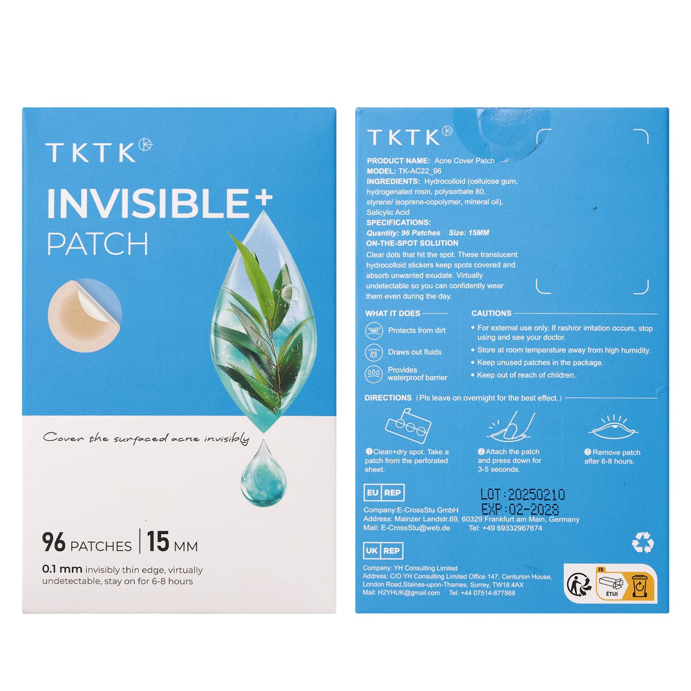 Finition mate du patch TKTK sous maquillage pour une allure naturelle.