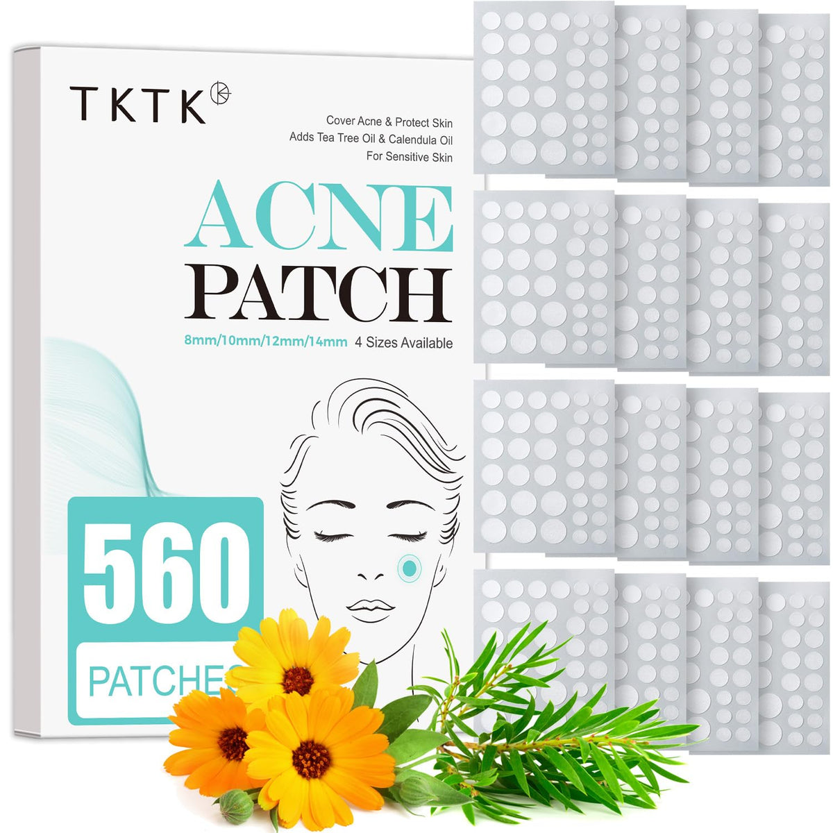 Pansements anti-acné TKTK, ensemble quatre tailles pour différentes zones du visage.