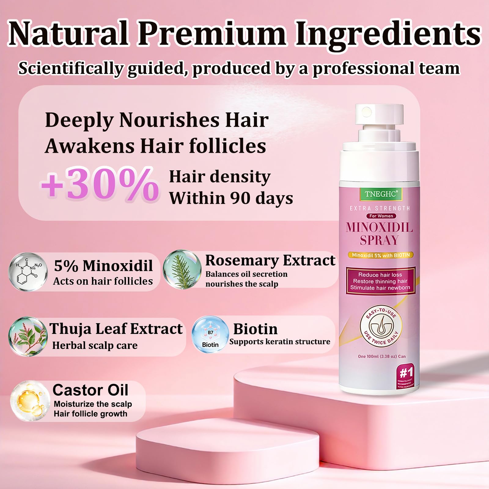 Application sur le cuir chevelu avec Minoxidil 5% de TNEGHC, stimulation potentielle