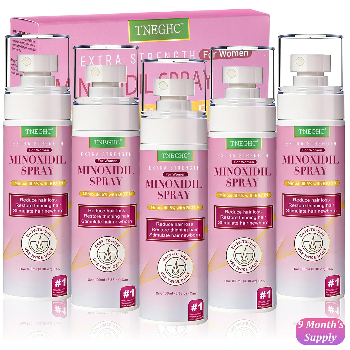 TNEGHC minoxidil 5% bouteille spray, application ciblée sur le cuir chevelu et potentiel bénéfice