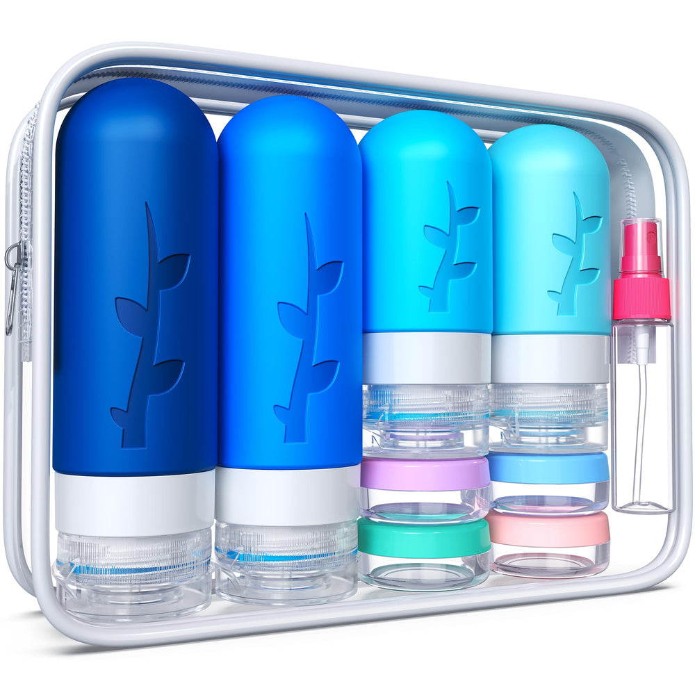 Bouteilles Tocelffe en silicone étanches pour shampooing et soins lors de voyages.