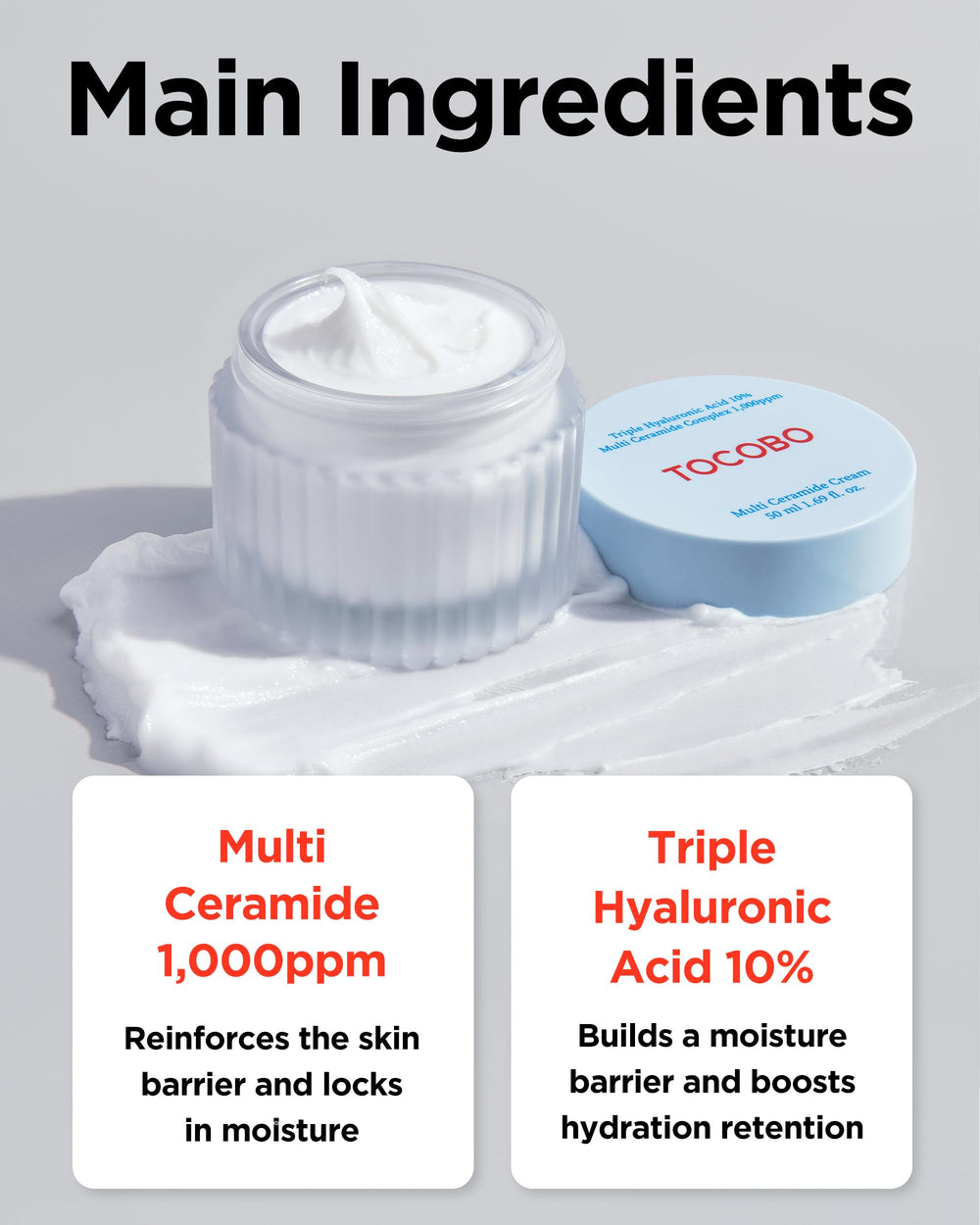 TOCOBO Crème Multi-Céramides hyaluronique triple poids, hydratation en profondeur et en surface.