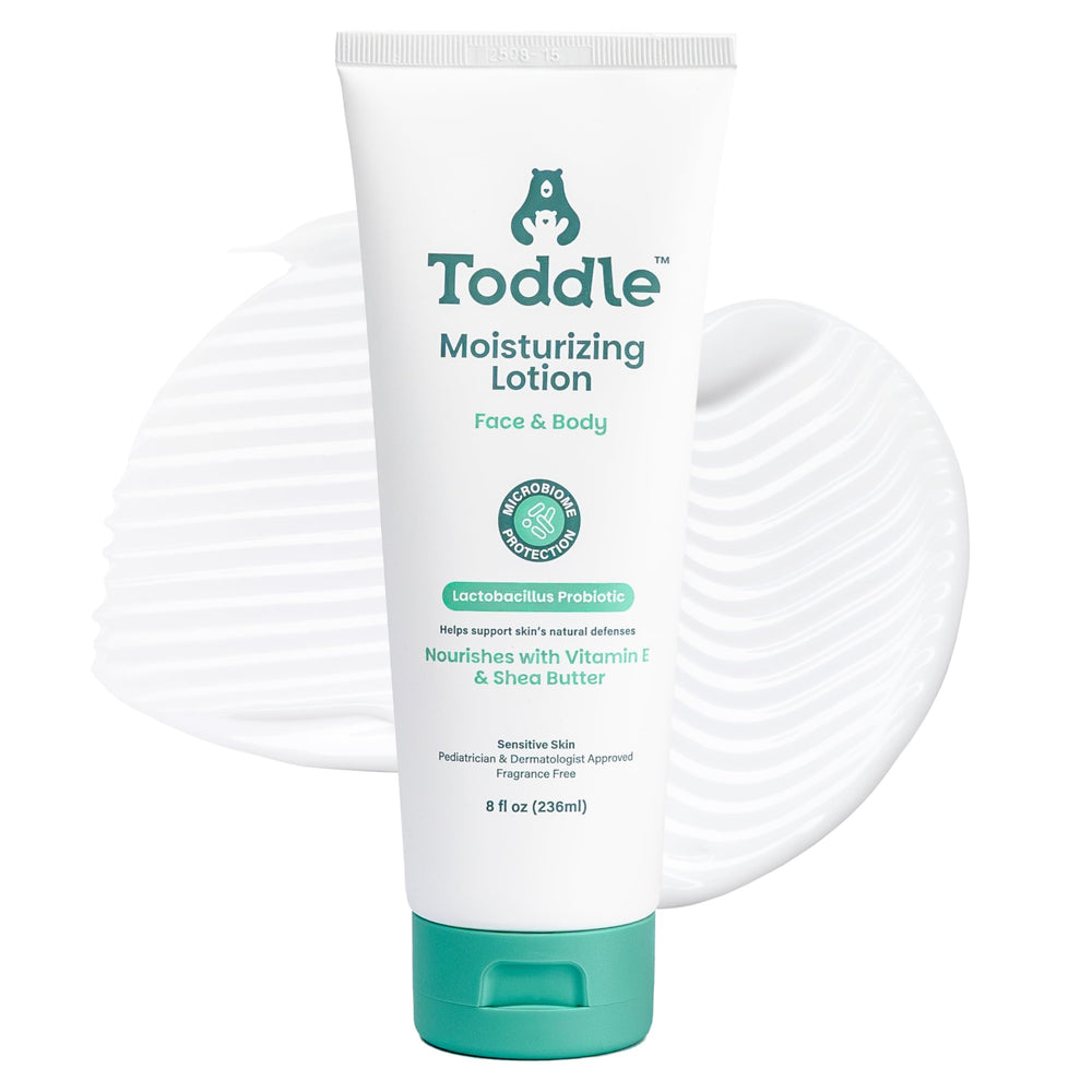 Toddle Probiotique: bouteille visible, hydratation douce pour visage et corps.