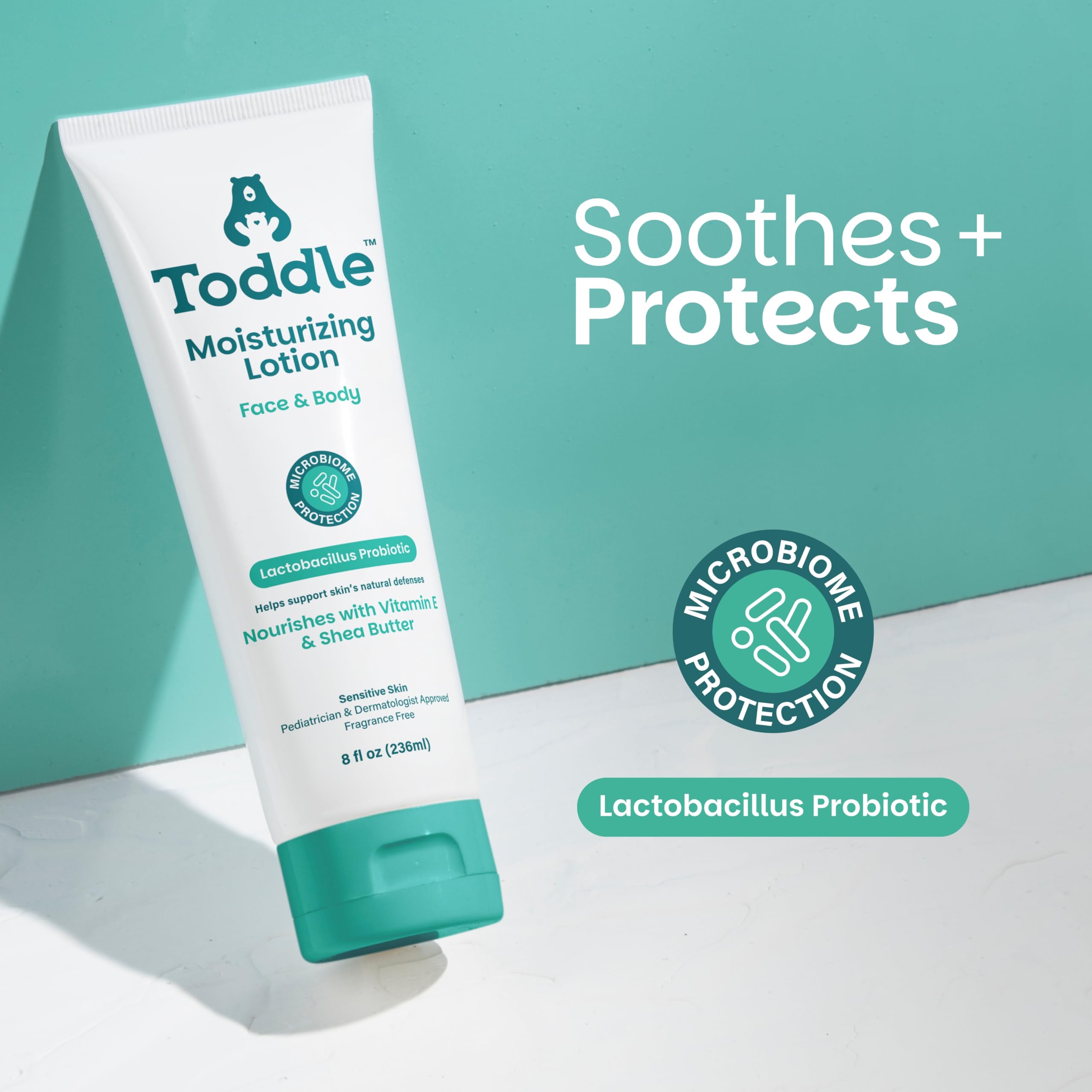 Toddle Probiotique: ingrédients vitamine E et aloé vera pour nourrir la peau.