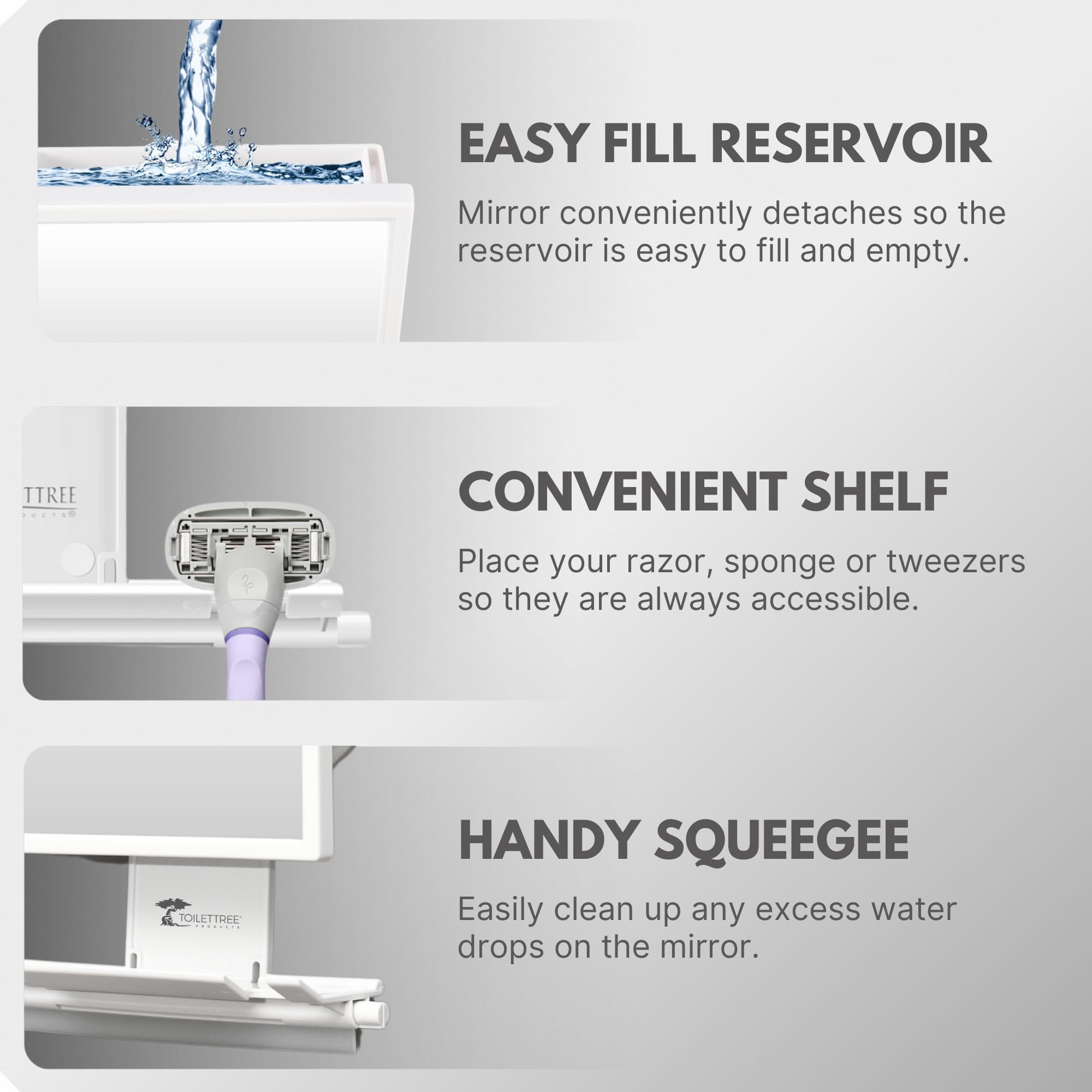 ToiletTree Miroir Douche anti-buée, design durable et adhérence fiable sur la paroi.
