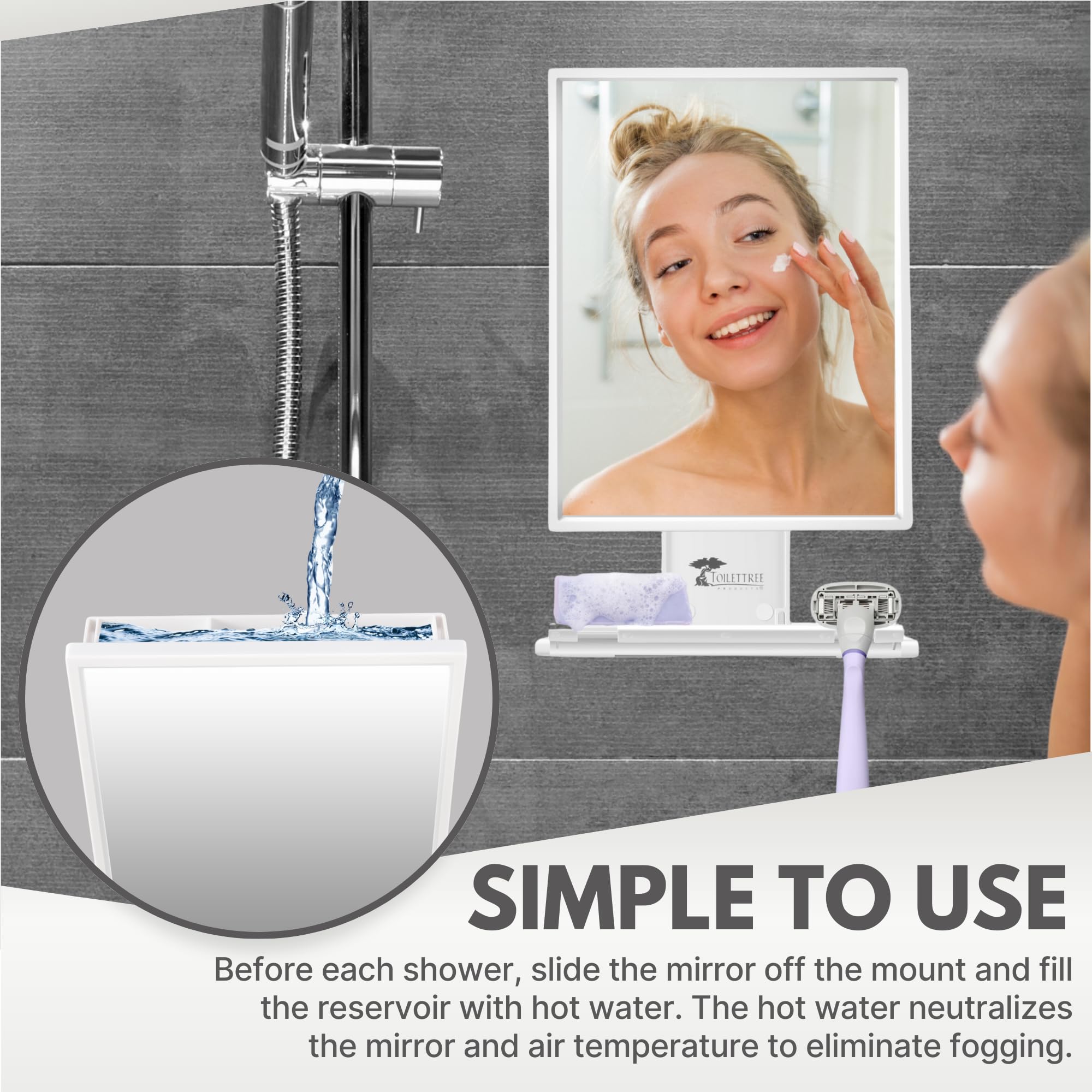 ToiletTree Miroir Douche anti-buée, technologie simple, reflet clair grâce à la chambre d'eau chaude.