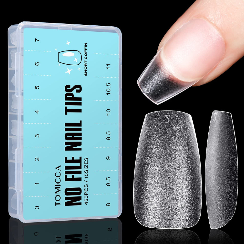 TOMICCA bords d’ongles coffin doux dans la boîte, pratique pour une manucure rapide.