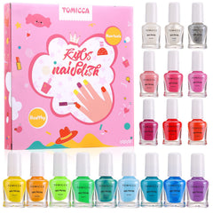 Kit vernis enfant TOMICCA avec 18 flacons, couleurs variées et sans odeur.
