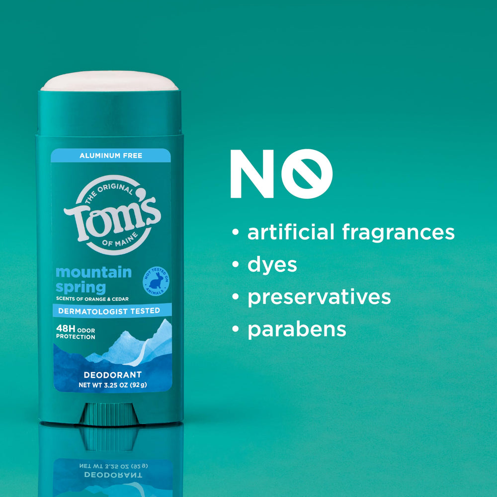 Tom’s of Maine Mountain Spring sans bicarbonate de soude, peau sensible.