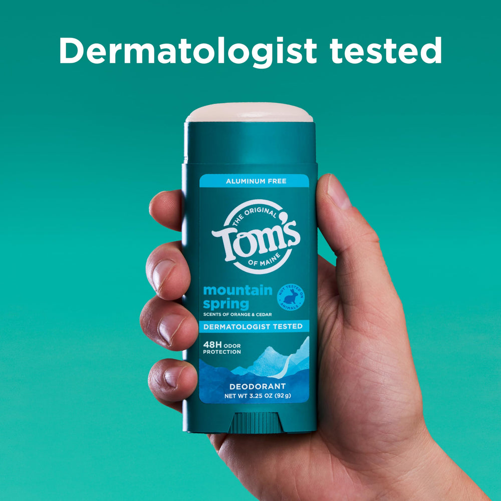 Tom’s of Maine Mountain Spring testé dermatologiquement, utilisation respectueuse.