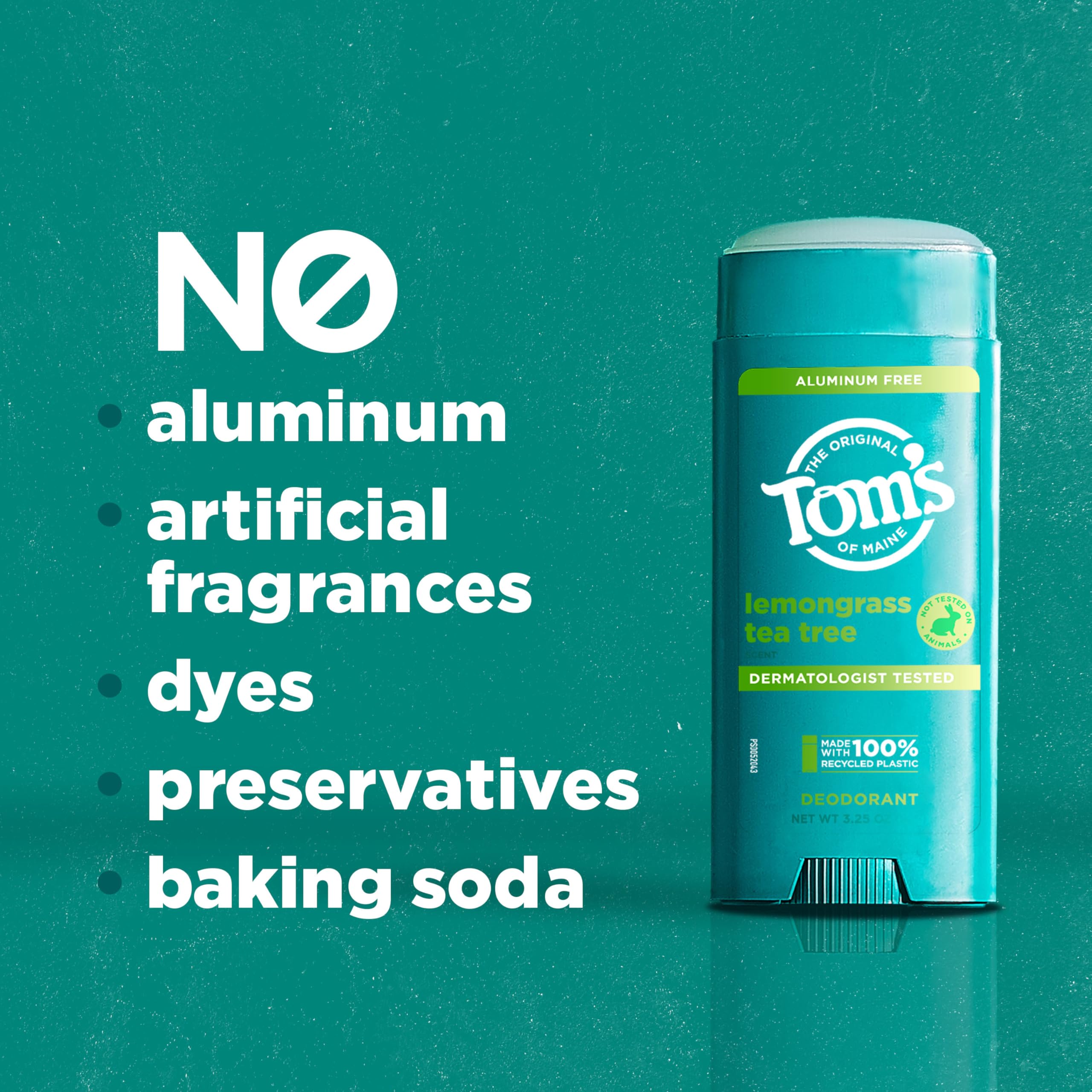 Dermatologist-tested Tom's of Maine Lemongrass Tea Tree deodorant label details.