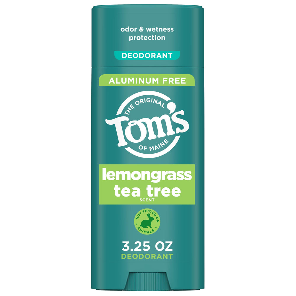 Tom's of Maine Lemongrass Tea Tree deodorant stick provides aluminum-free, all-day freshness.