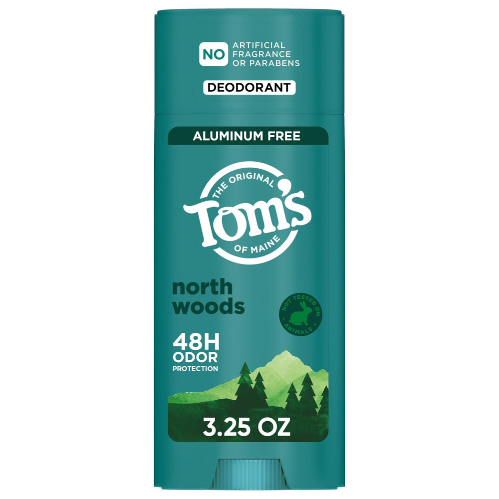 Tom’s of Maine North Woods déodorant naturel en stick sans aluminium, application lisse.