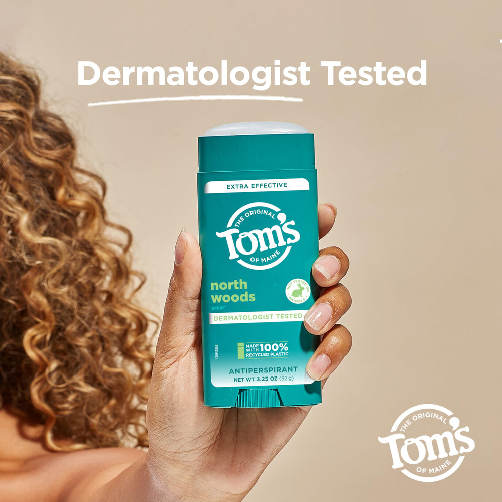 Recycled plastic packaging used for Tom's of Maine North Woods antiperspirant.