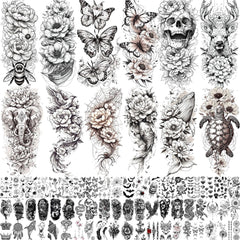 Tatouages Toneoldshu – roses et pivoines noires, look élégant et durable sur la peau.