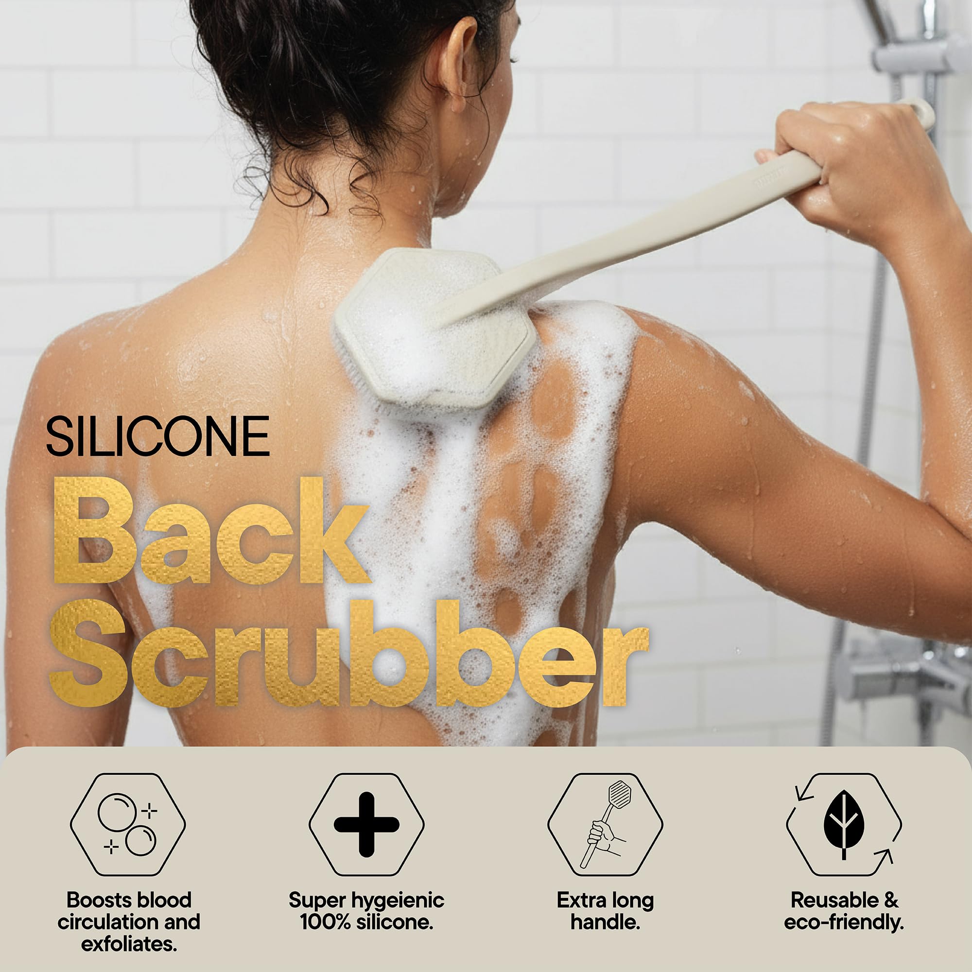 TOOLETRIES brosse-dos-silicone-adherence-surface-lisse, sans adhésifs pour un rangement sûr.