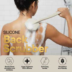 TOOLETRIES brosse-dos-silicone-adherence-surface-lisse, sans adhésifs pour un rangement sûr.