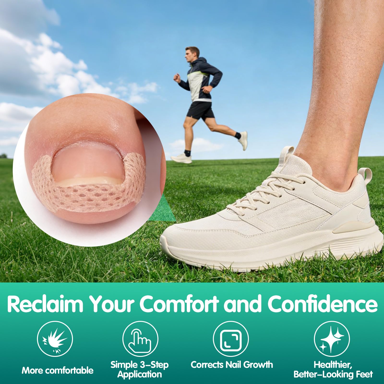 ToeRelix – bande adaptable peut être coupée pour s’adapter à la largeur de l’ongle.
