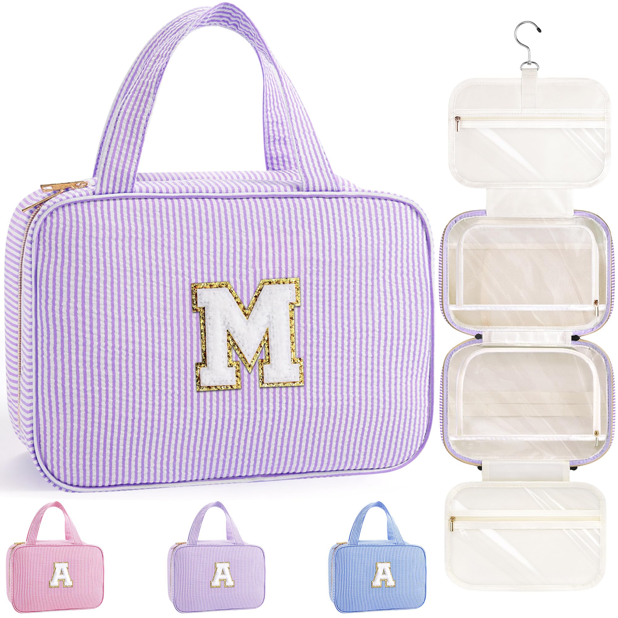 TOPEAST sac de toilette suspendu violet avec initiales, pratique pour un rangement personnalisé en voyage.