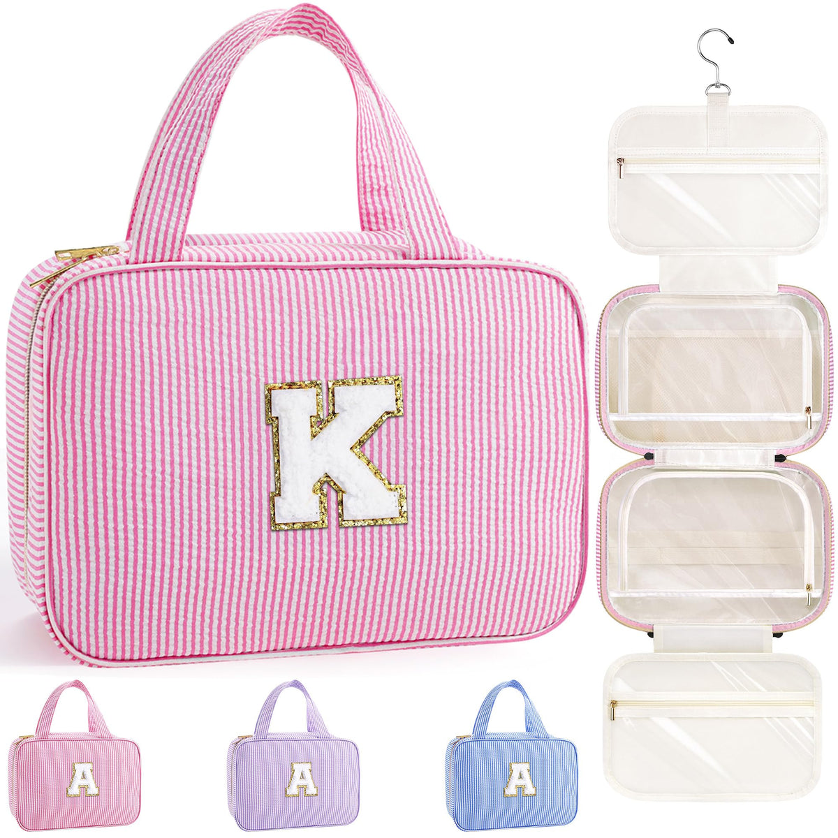TOPEAST Trousse de toilette suspendue Rose K avec initiale dorée, pratique en voyage