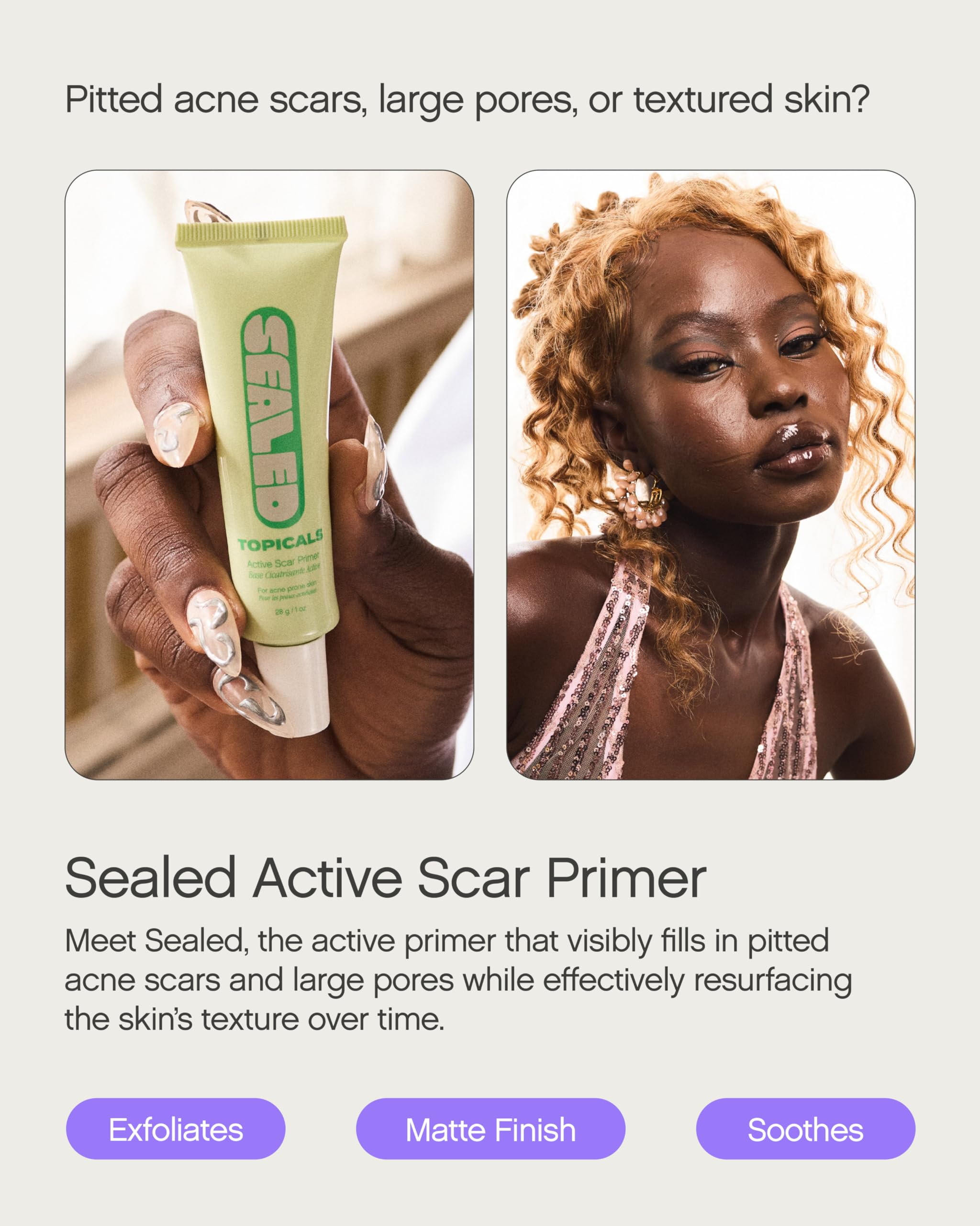 Topicals Sealed Primer: avant-après pores, réduction visuelle.