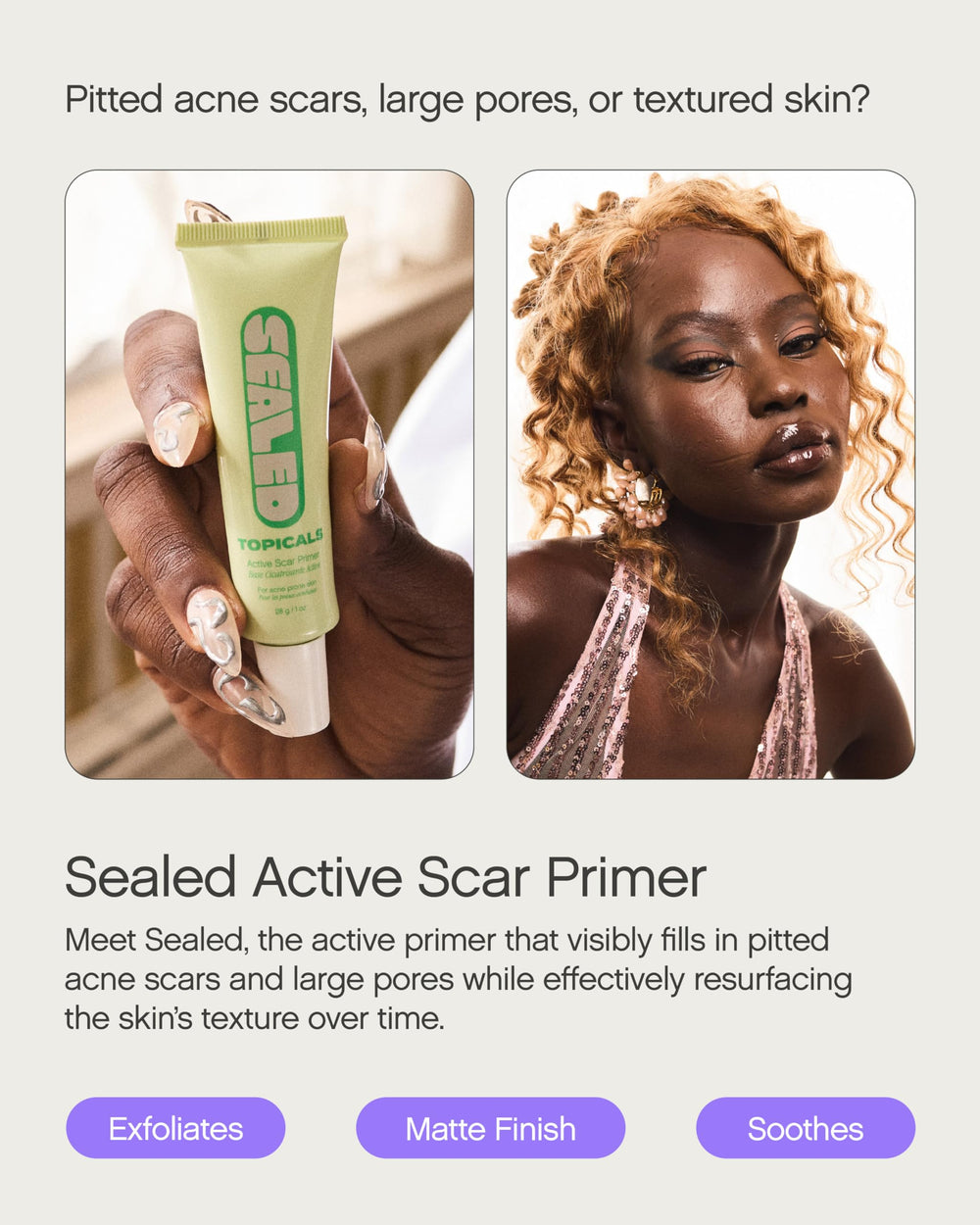 Topicals Sealed Primer: avant-après pores, réduction visuelle.