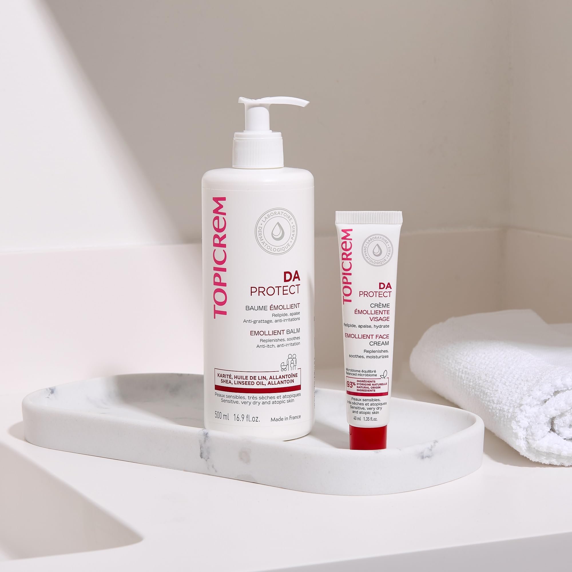 Routine quotidienne avec le baume Topicrem pour peau très sèche et atopique.